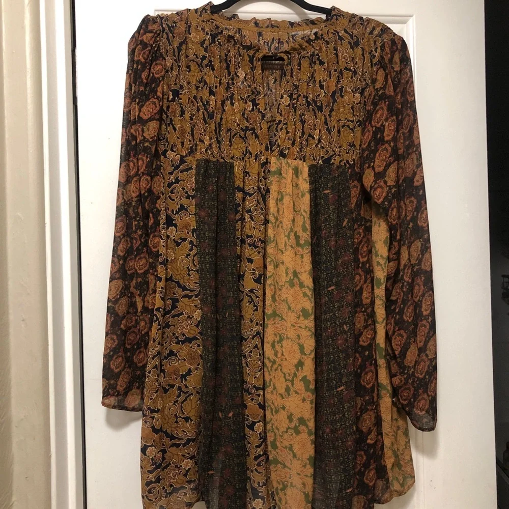 Free People Merrie Mixed Print Tunic Top Long Sleeve Smocked Boho Small